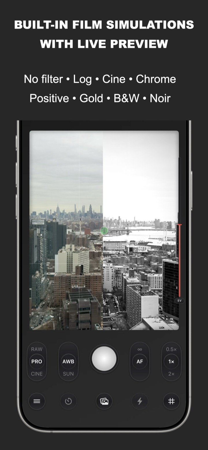 Eclat camera screen with focus, white balance and filter controls