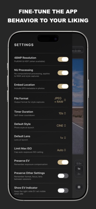 Eclat settings screen with resolution, format and style options
